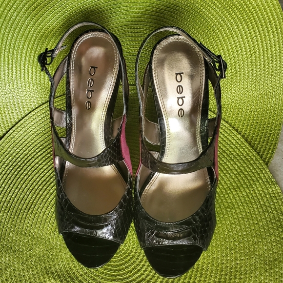 bebe Black Snakeskin, Raspberry Satin, Plum Purple Leather Peep-Toe Platforms - Picture 9 of 11